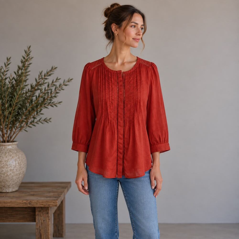 Meadow Rue Orange Pleated Fluted Blouse size 0